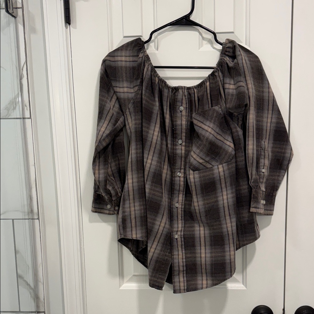 Urban Renewal Charcoal Plaid Off the Shoulder Shirt